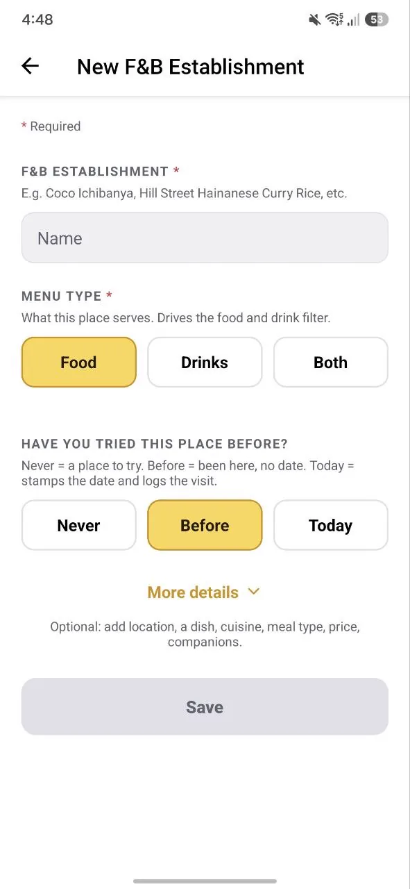 The New F&B Establishment form: name, menu type aka food/drink/both, and whether you have eaten there before.