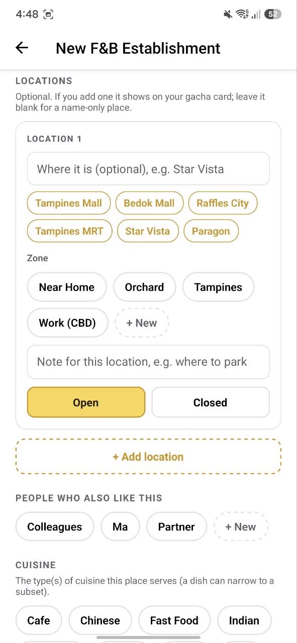 The same form with More details expanded: the optional Locations and zones, and other people who like the place.