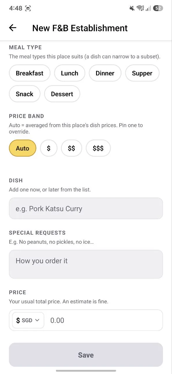 More details, continued: cuisine, meal type, price band, and an optional first dish.