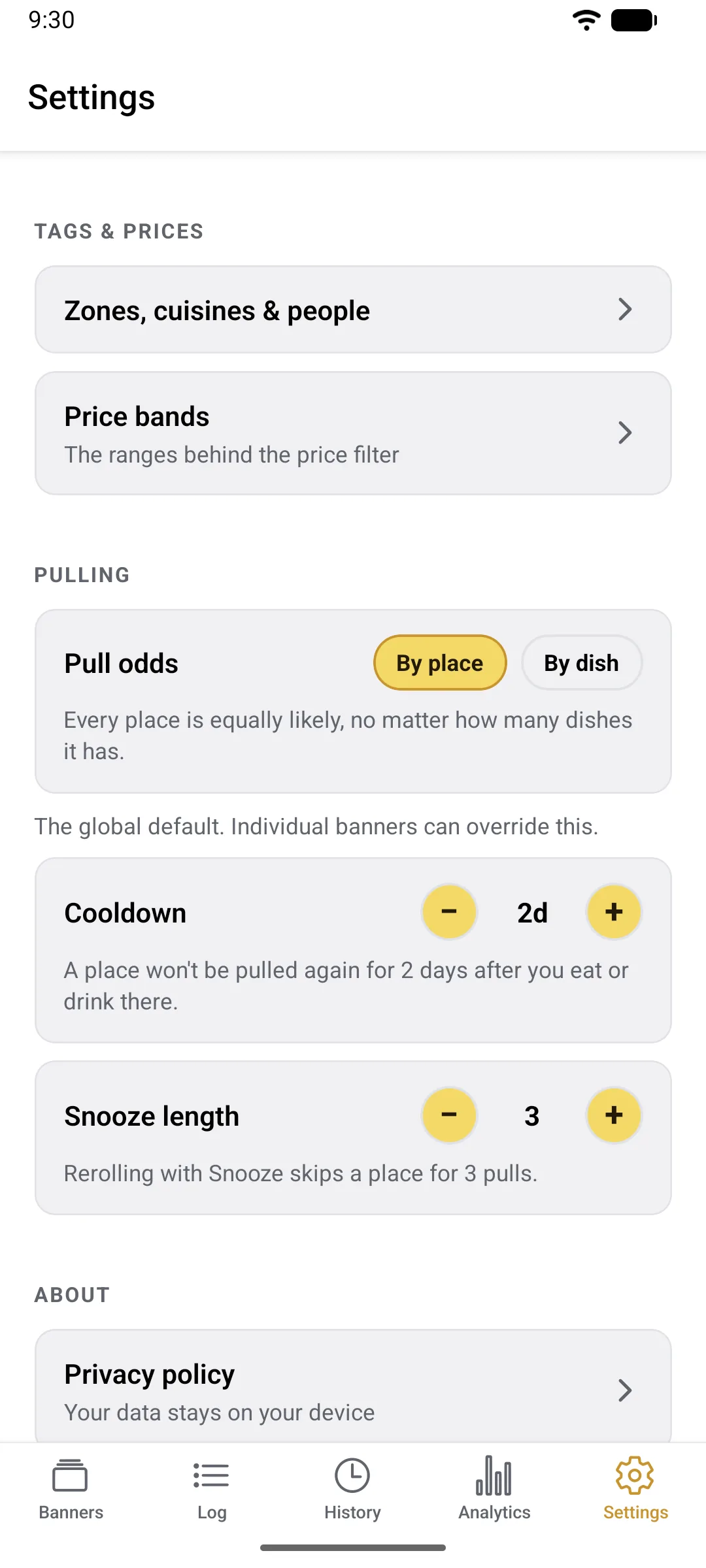 The Settings tab: the defaults that apply across every banner.
