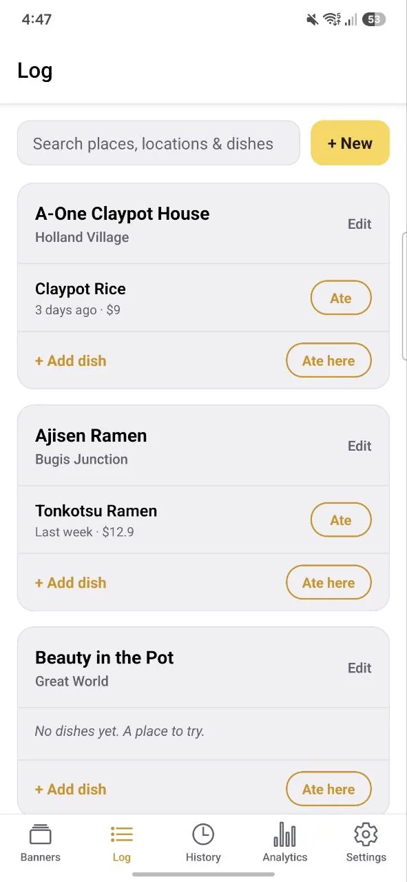 The Master Log: places you have added, each with its dishes and quick Ate buttons.