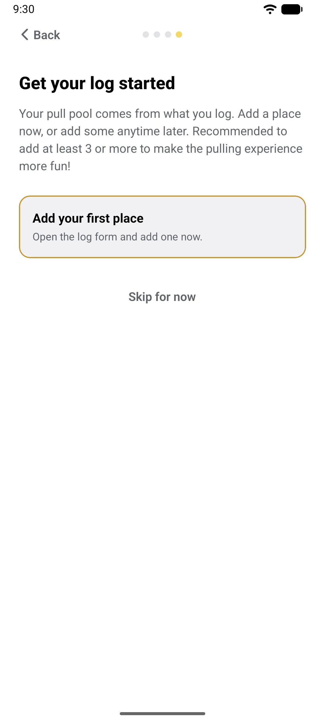 The closing step: add your first place or skip for now.