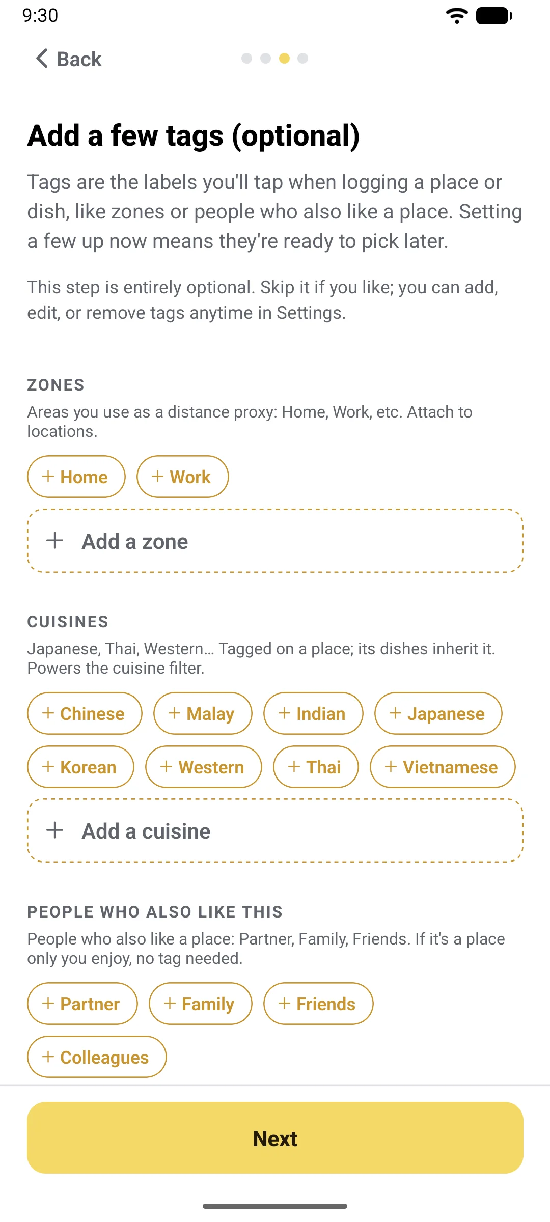 The optional starter-tags step for zones and companions.
