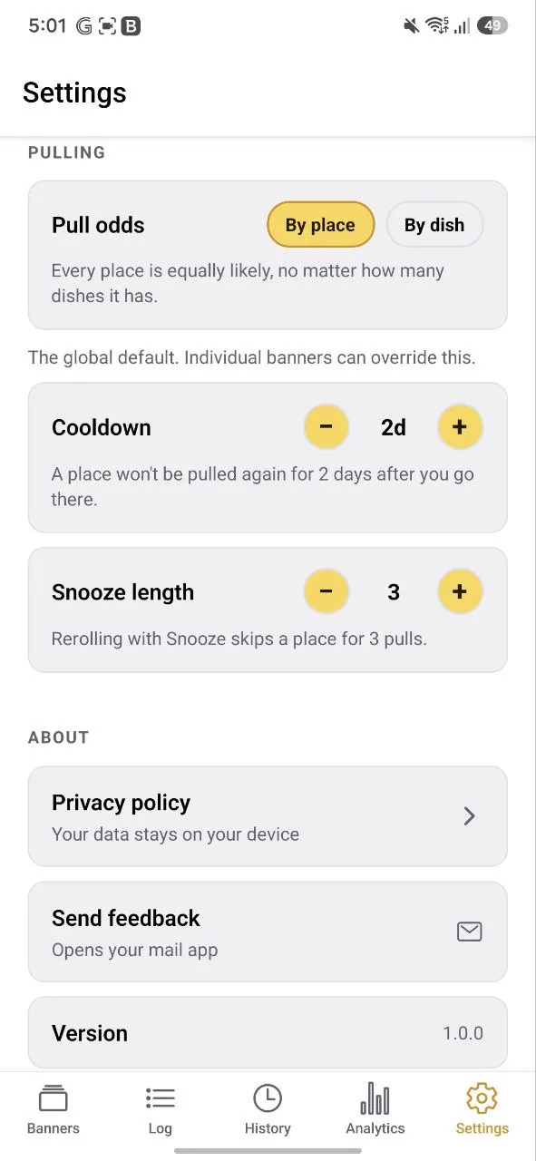 Settings › Pulling with Pull odds on By place: every place is equally likely, no matter how many dishes it has.