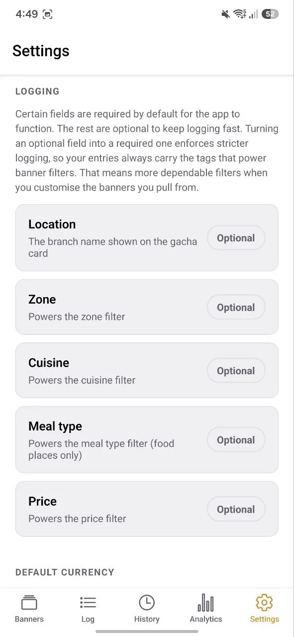 Settings › Logging: toggles that promote each optional field to required.
