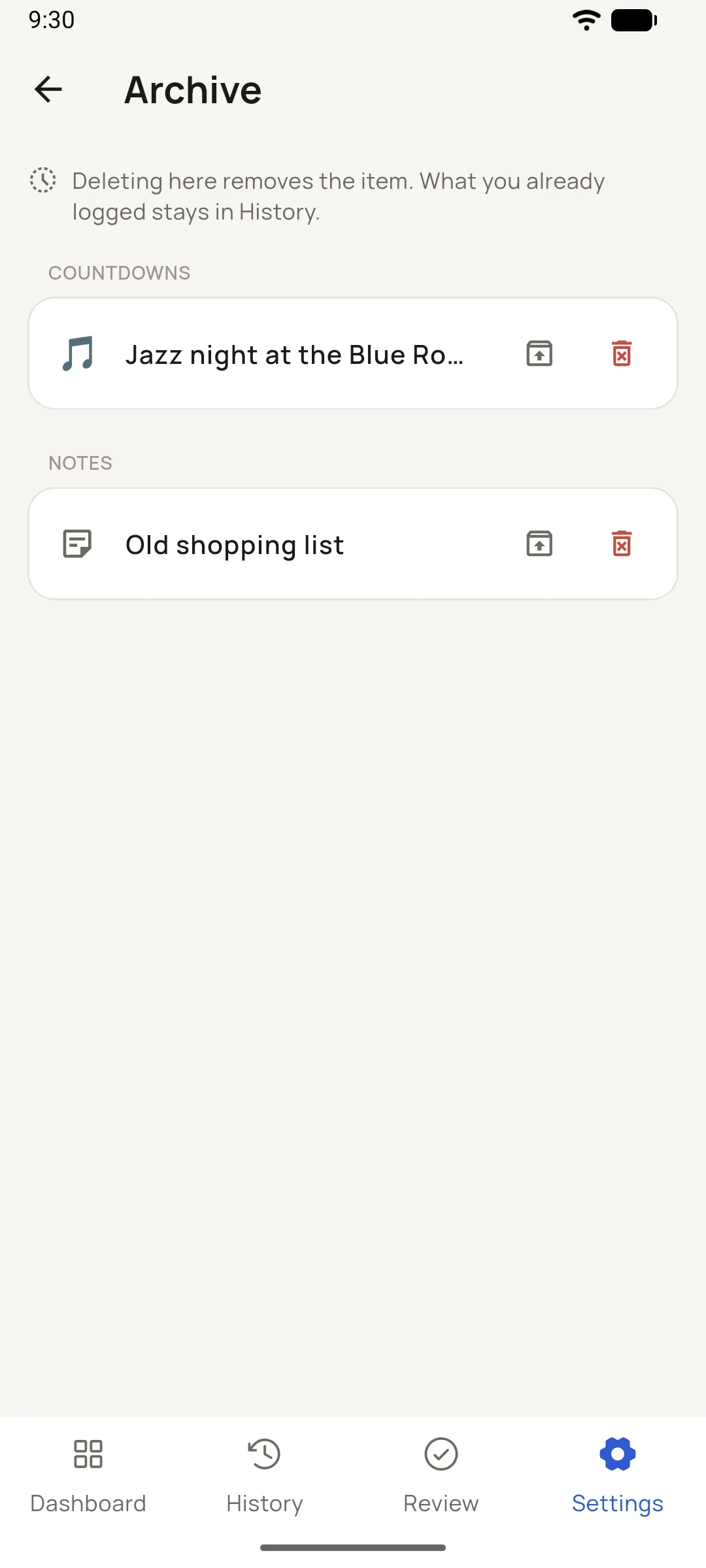 The Archive screen, grouped by type, with restore and delete buttons on each item.