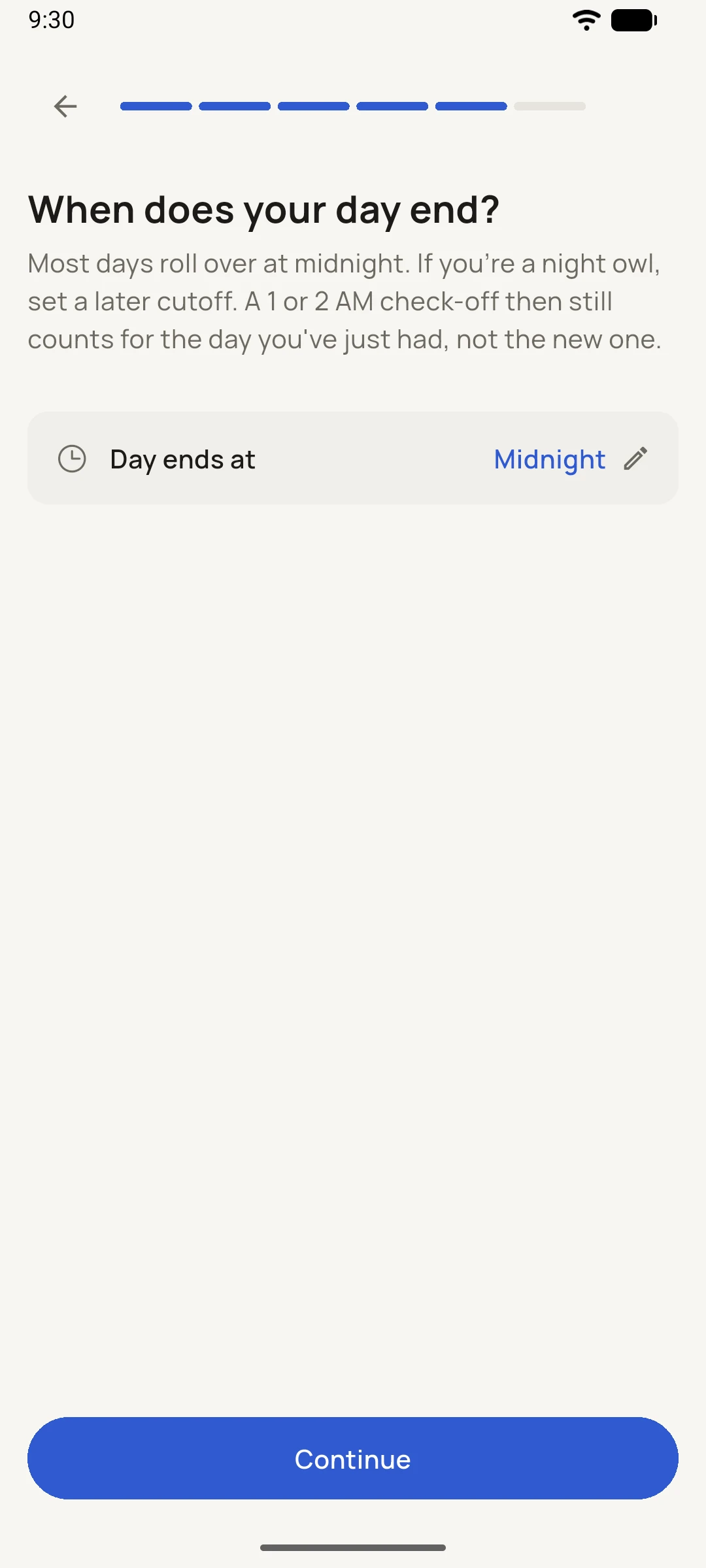 The day-cutoff step: when your day rolls over.