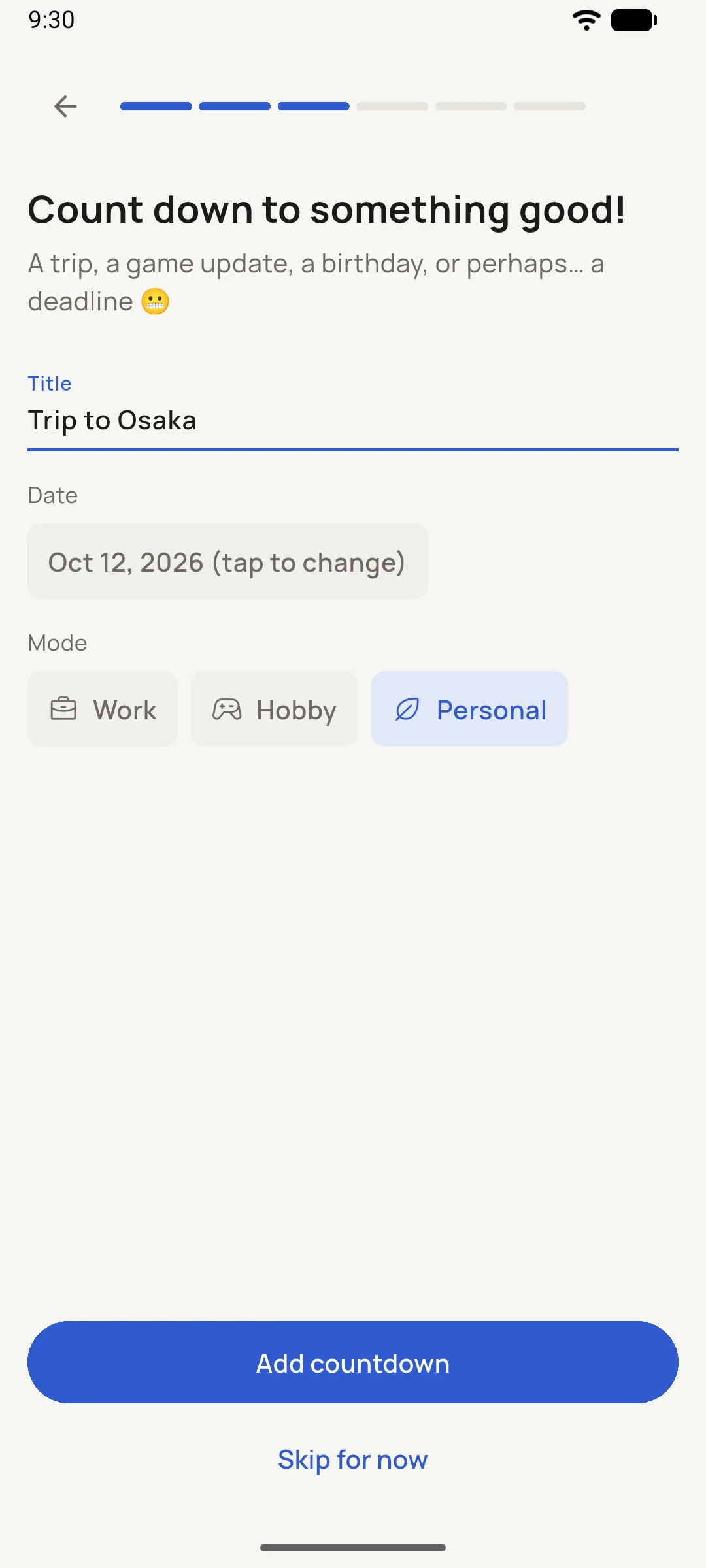 The guided first-countdown step, with a title, date and mode.