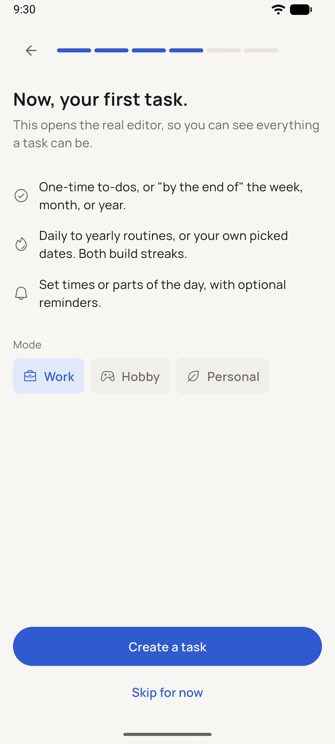 The guided first-task step, opening the real task editor.