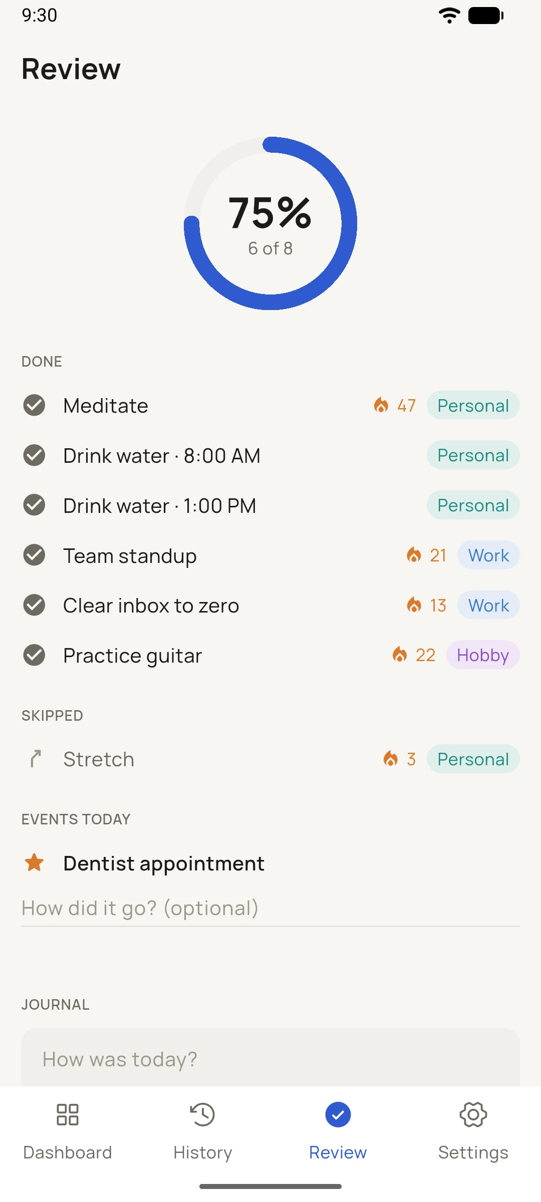 The Review screen with a completion ring and journal entry.
