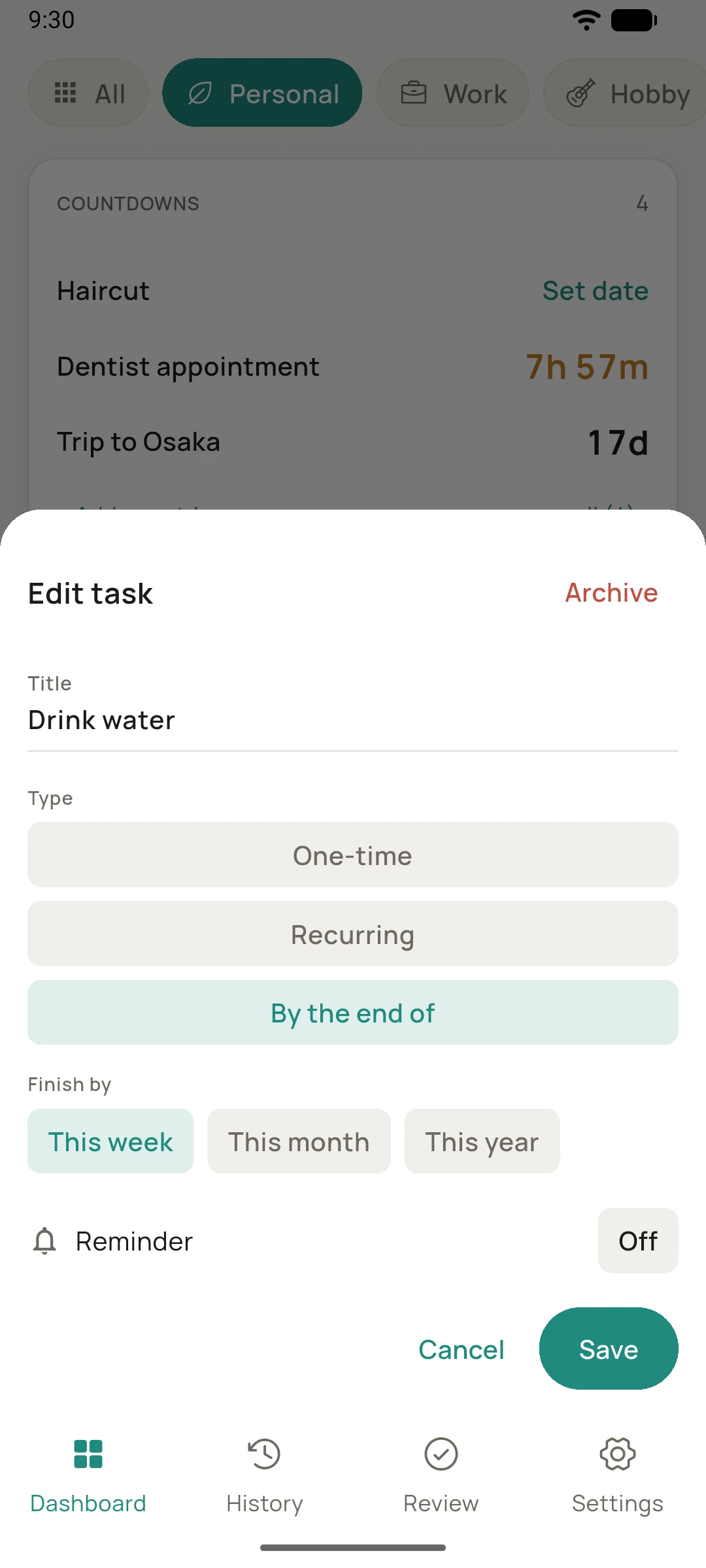The task editor set to a flexible deadline: by the end of the week, month or year.