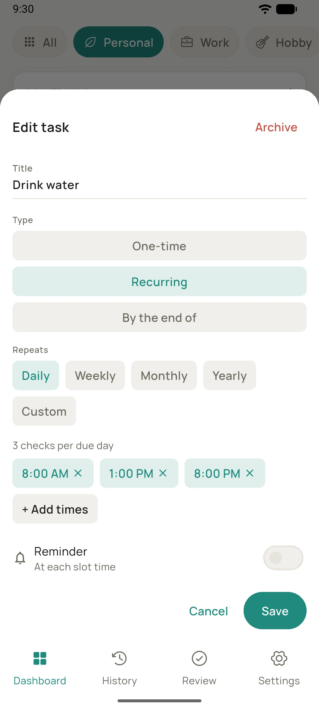 The task editor set to a recurring task, showing recurrence options and time slots.