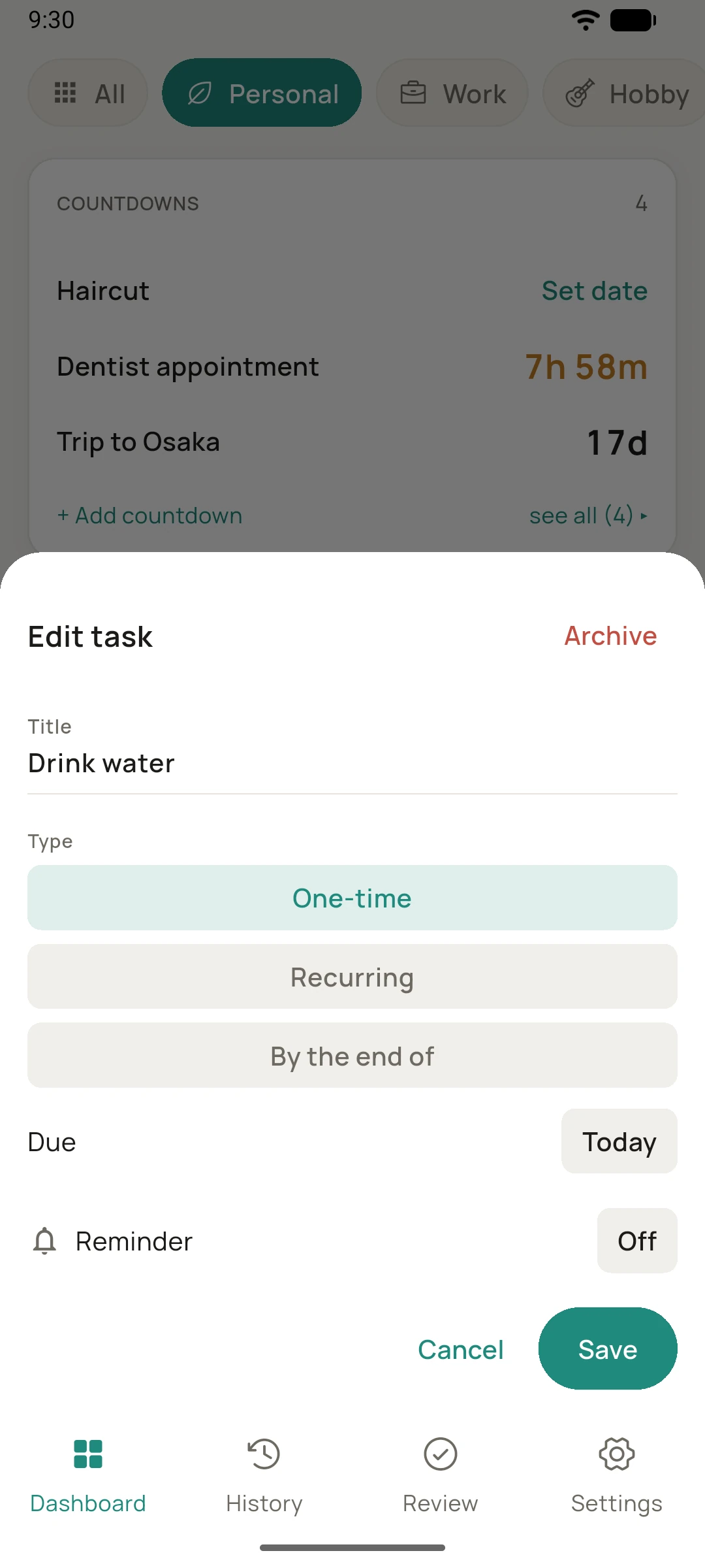 The task editor set to a one-time task, finishing when it's done.